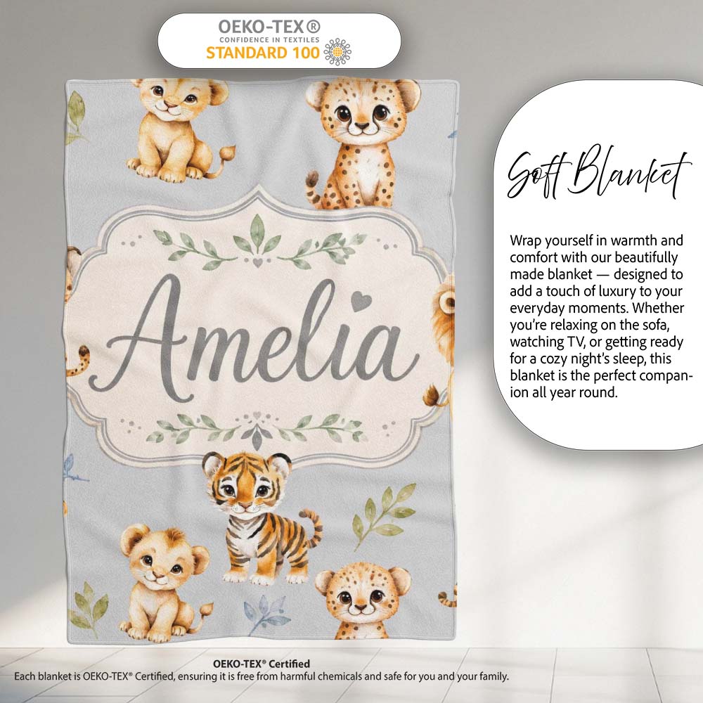 Baby Safari Animals Leopard Tiger Lion on Soft Grey Seamless  Personalised Custom Name Super Soft Fleece Blanket Bed Sofa Throw