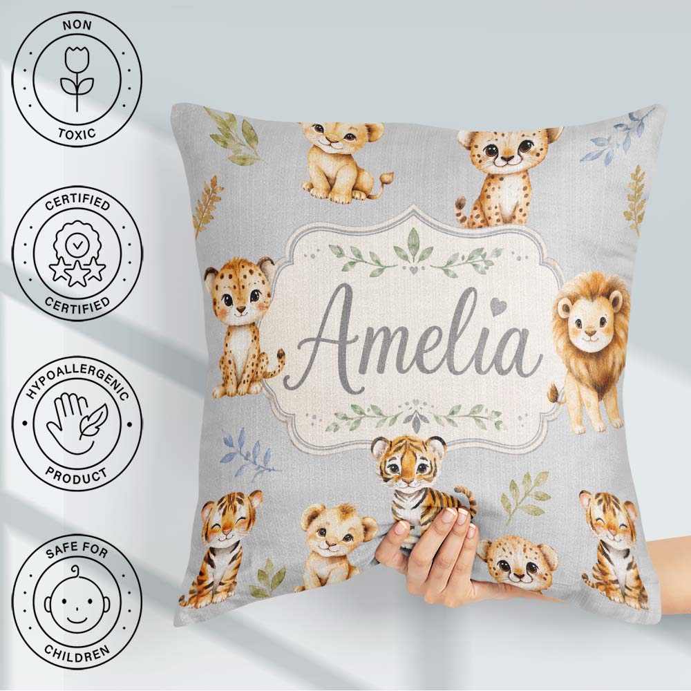 Custom Name Baby Safari Animals Tiger Lion on Soft Grey Seamless Square Filled Cushion Throw Pillow Sofa Bed Home Decor Zip Washable UK Made