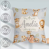 Custom Name Baby Safari Animals Tiger Lion on Soft Grey Seamless Square Filled Cushion Throw Pillow Sofa Bed Home Decor Zip Washable UK Made