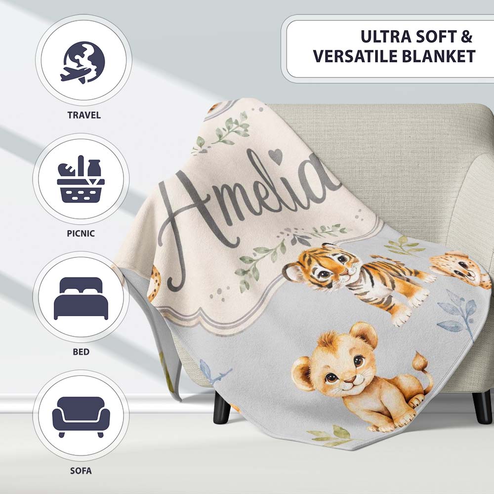 Baby Safari Animals Leopard Tiger Lion on Soft Grey Seamless  Personalised Custom Name Super Soft Fleece Blanket Bed Sofa Throw