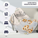 Baby Safari Animals Leopard Tiger Lion on Soft Grey Seamless  Personalised Custom Name Super Soft Fleece Blanket Bed Sofa Throw