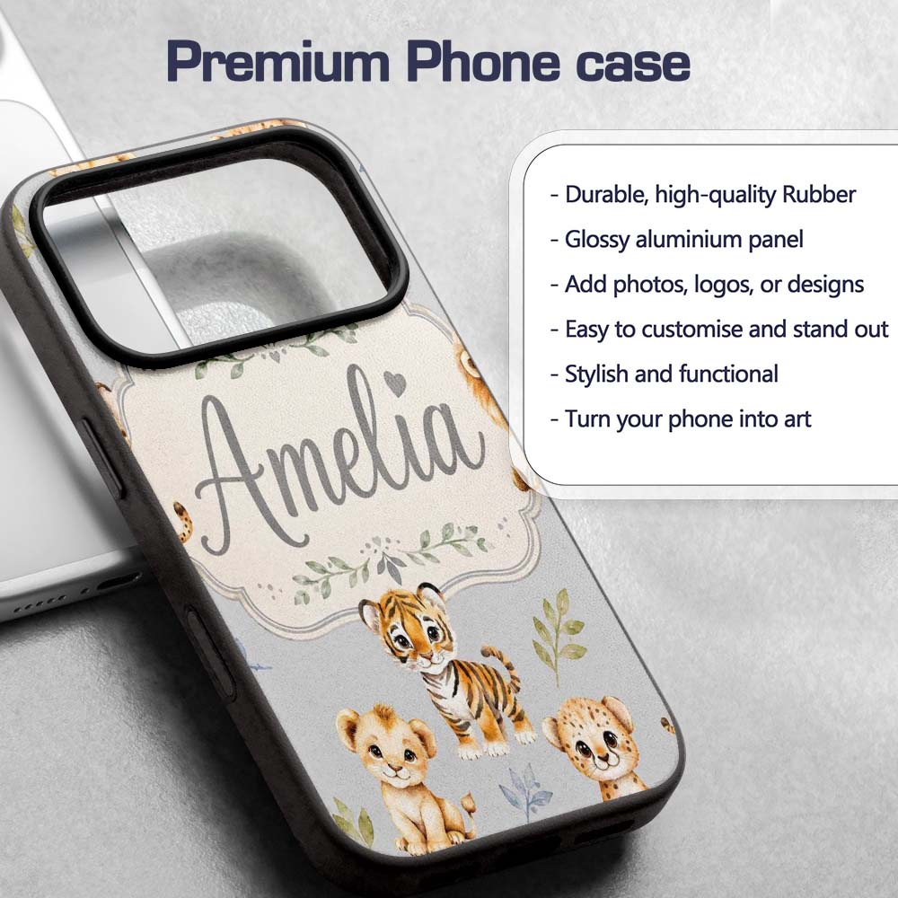 Baby Safari Animals Leopard Tiger Lion on Soft Custom Name Protective Phone Case Mobile Cover Durable Everyday Smartphone Shock Resistant