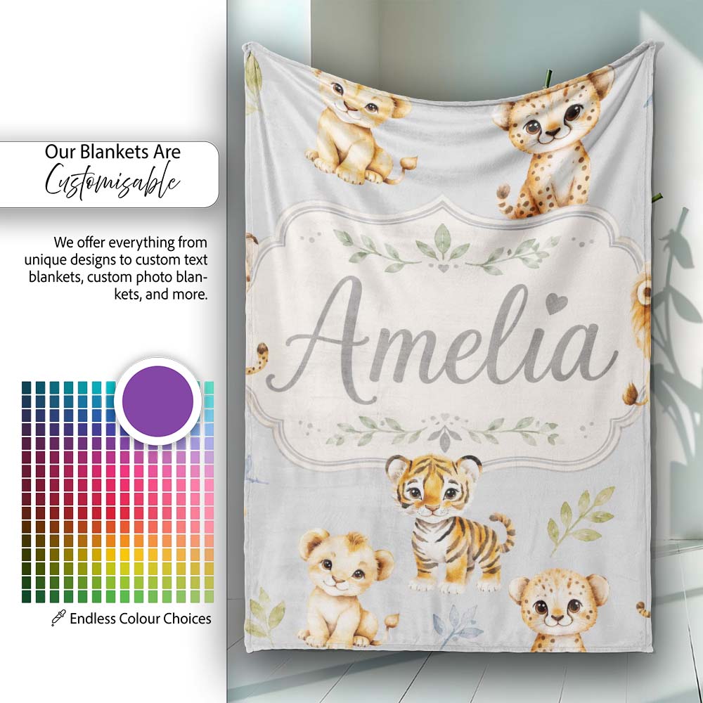 Baby Safari Animals Leopard Tiger Lion on Soft Grey Seamless  Personalised Custom Name Super Soft Fleece Blanket Bed Sofa Throw
