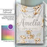 Baby Safari Animals Leopard Tiger Lion on Soft Grey Seamless  Personalised Custom Name Super Soft Fleece Blanket Bed Sofa Throw