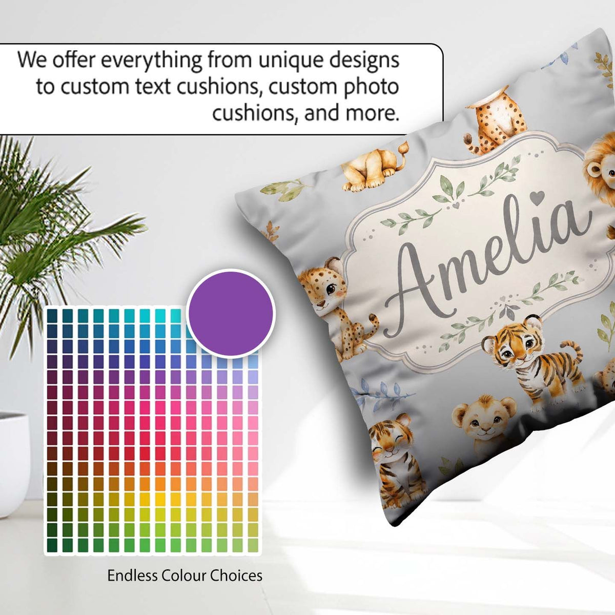 Custom Name Baby Safari Animals Tiger Lion on Soft Grey Seamless Square Filled Cushion Throw Pillow Sofa Bed Home Decor Zip Washable UK Made