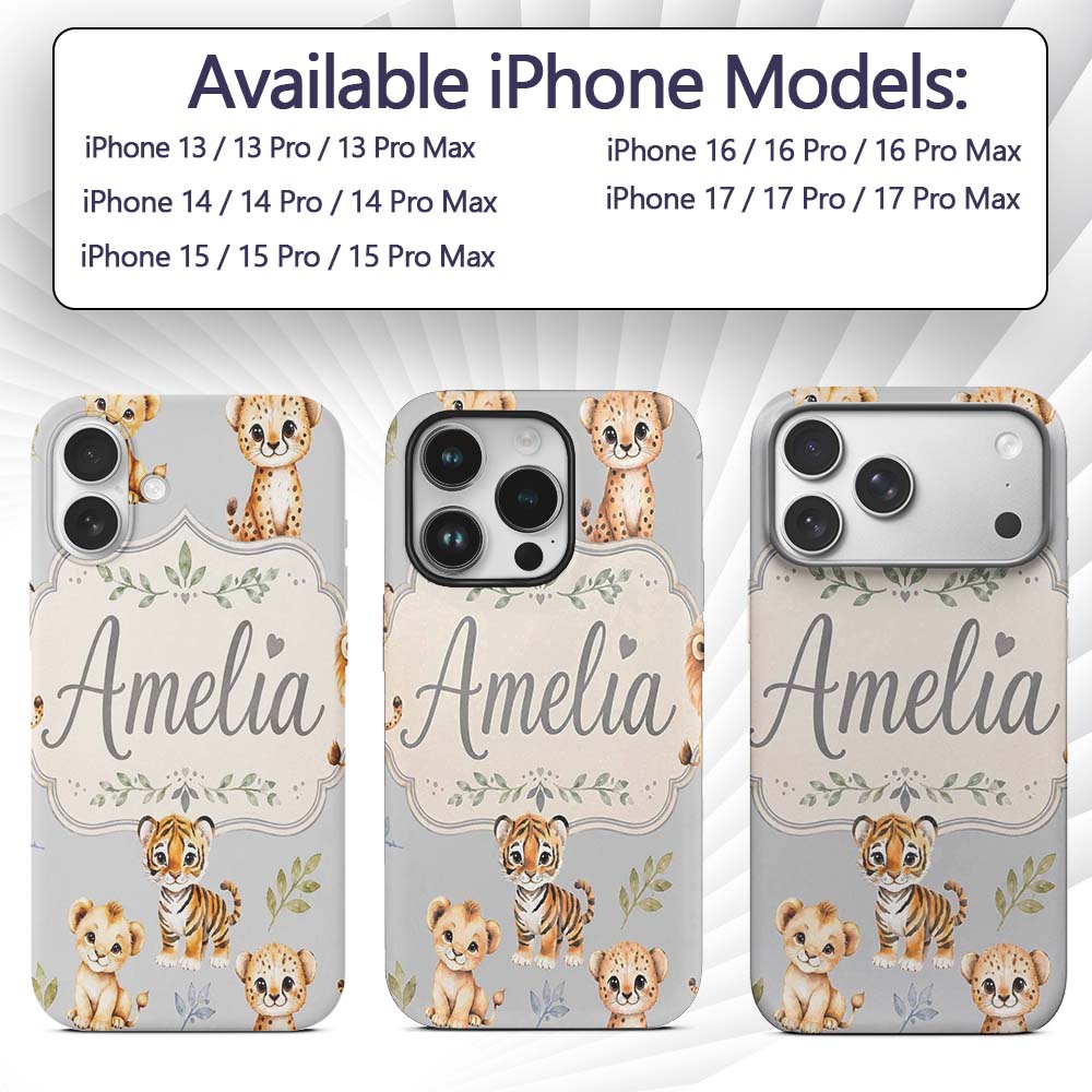 Baby Safari Animals Leopard Tiger Lion on Soft Custom Name Protective Phone Case Mobile Cover Durable Everyday Smartphone Shock Resistant