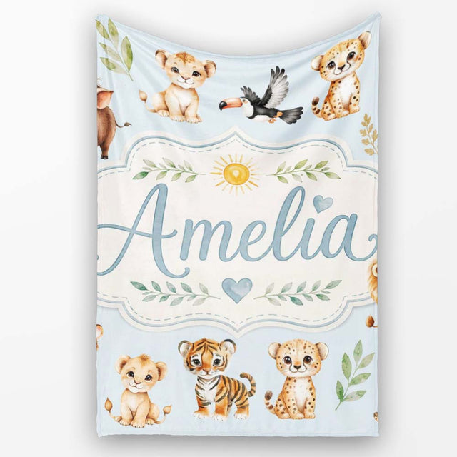 Baby Safari Animals Leopard Tiger Lion on Pastel Blue Seamless  Personalised Custom Name Super Soft Fleece Blanket Bed Sofa Throw