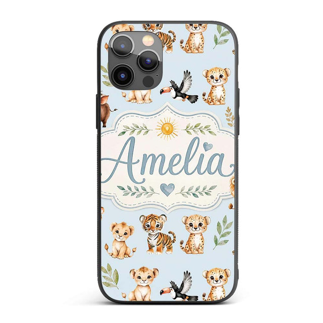 Baby Safari Animals Leopard Tiger Lion on Pastel Custom Name Protective Phone Case Mobile Cover Durable Everyday Smartphone Shock Resistant
