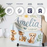 Baby Safari Animals Leopard Tiger Lion on Pastel Blue Seamless  Personalised Custom Name Super Soft Fleece Blanket Bed Sofa Throw