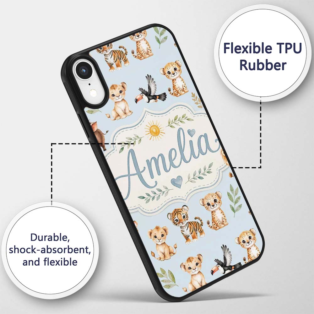 Baby Safari Animals Leopard Tiger Lion on Pastel Custom Name Protective Phone Case Mobile Cover Durable Everyday Smartphone Shock Resistant