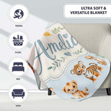 Baby Safari Animals Leopard Tiger Lion on Pastel Blue Seamless  Personalised Custom Name Super Soft Fleece Blanket Bed Sofa Throw