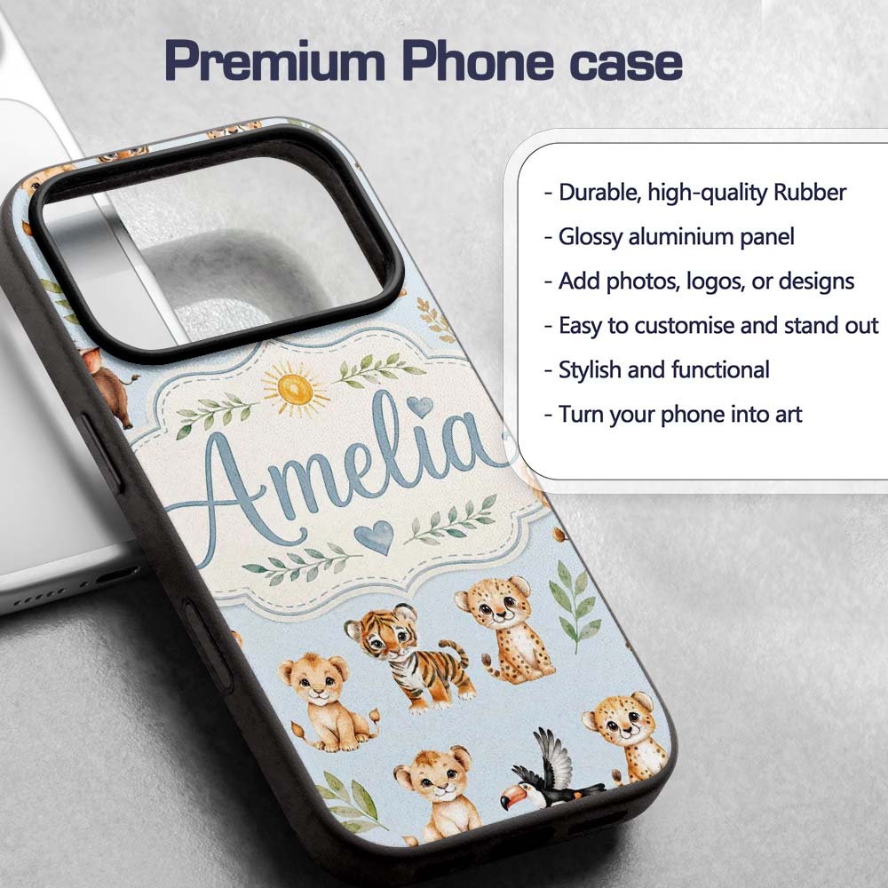Baby Safari Animals Leopard Tiger Lion on Pastel Custom Name Protective Phone Case Mobile Cover Durable Everyday Smartphone Shock Resistant