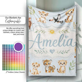 Baby Safari Animals Leopard Tiger Lion on Pastel Blue Seamless  Personalised Custom Name Super Soft Fleece Blanket Bed Sofa Throw