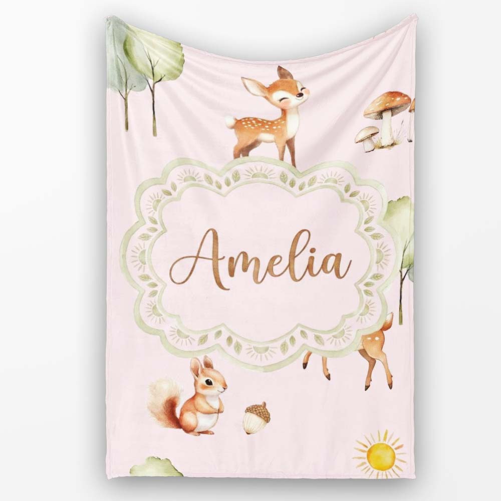 Woodland Animals Deer Fox Squirrel Mushrooms on Blush Pink Seamless  Personalised Custom Name Super Soft Fleece Blanket Bed Sofa Throw