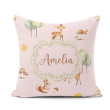 Custom Name Woodland Animals Deer Fox Squirrel Mushrooms on Pink Square Filled Cushion Throw Pillow Sofa Bed Home Decor Zip Washable UK Made