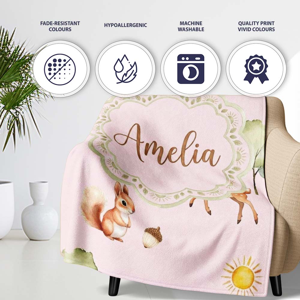 Woodland Animals Deer Fox Squirrel Mushrooms on Blush Pink Seamless  Personalised Custom Name Super Soft Fleece Blanket Bed Sofa Throw