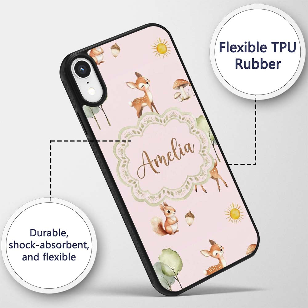 Woodland Animals Deer Fox Squirrel Mushrooms on Custom Name Protective Phone Case Mobile Cover Durable Everyday Smartphone Shock Resistant