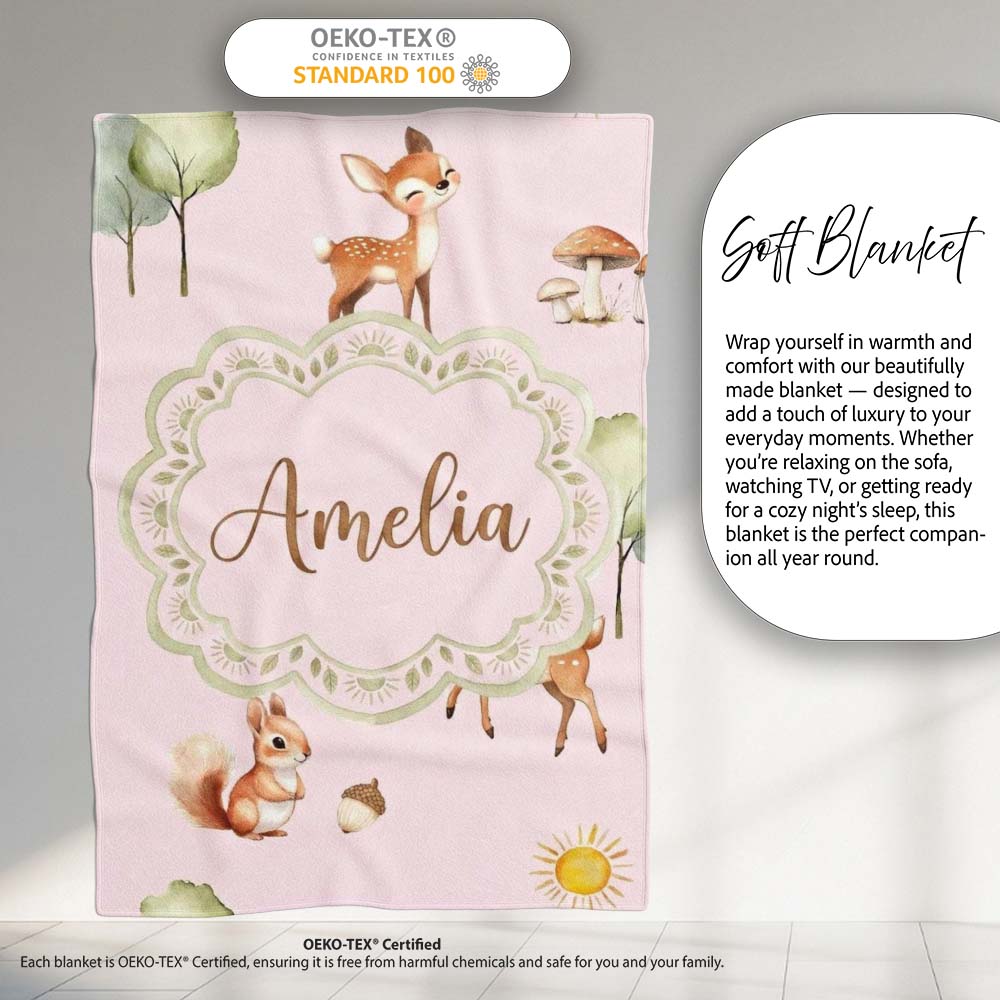 Woodland Animals Deer Fox Squirrel Mushrooms on Blush Pink Seamless  Personalised Custom Name Super Soft Fleece Blanket Bed Sofa Throw