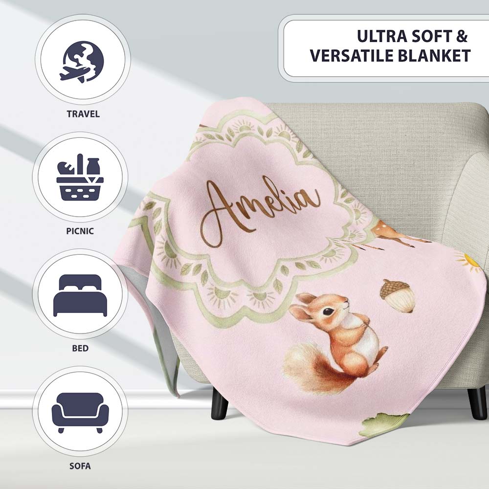 Woodland Animals Deer Fox Squirrel Mushrooms on Blush Pink Seamless  Personalised Custom Name Super Soft Fleece Blanket Bed Sofa Throw
