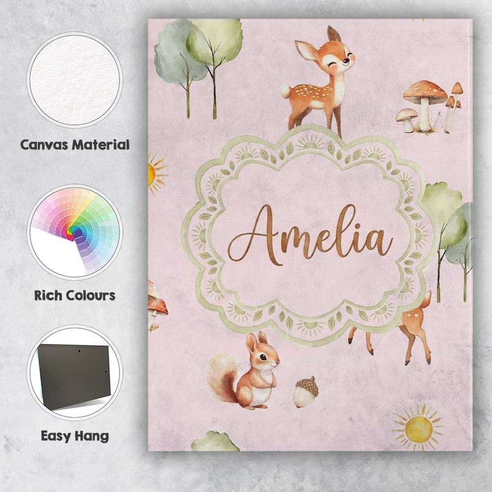 Personalised Name Woodland Animals Deer Fox Custom  Bespoke Interior Contemporary Canvas Wall Art Print Decor Picture Ready to Hang