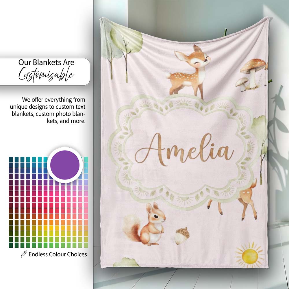 Woodland Animals Deer Fox Squirrel Mushrooms on Blush Pink Seamless  Personalised Custom Name Super Soft Fleece Blanket Bed Sofa Throw
