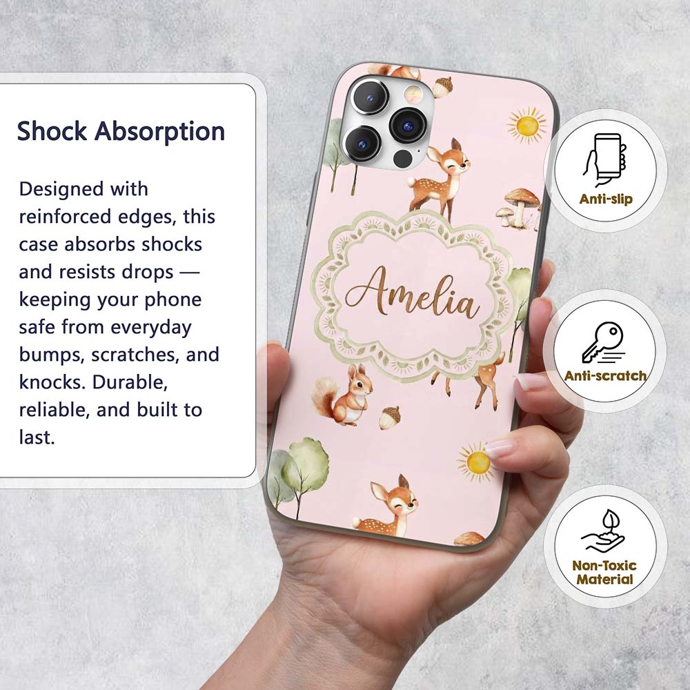 Woodland Animals Deer Fox Squirrel Mushrooms on Custom Name Protective Phone Case Mobile Cover Durable Everyday Smartphone Shock Resistant
