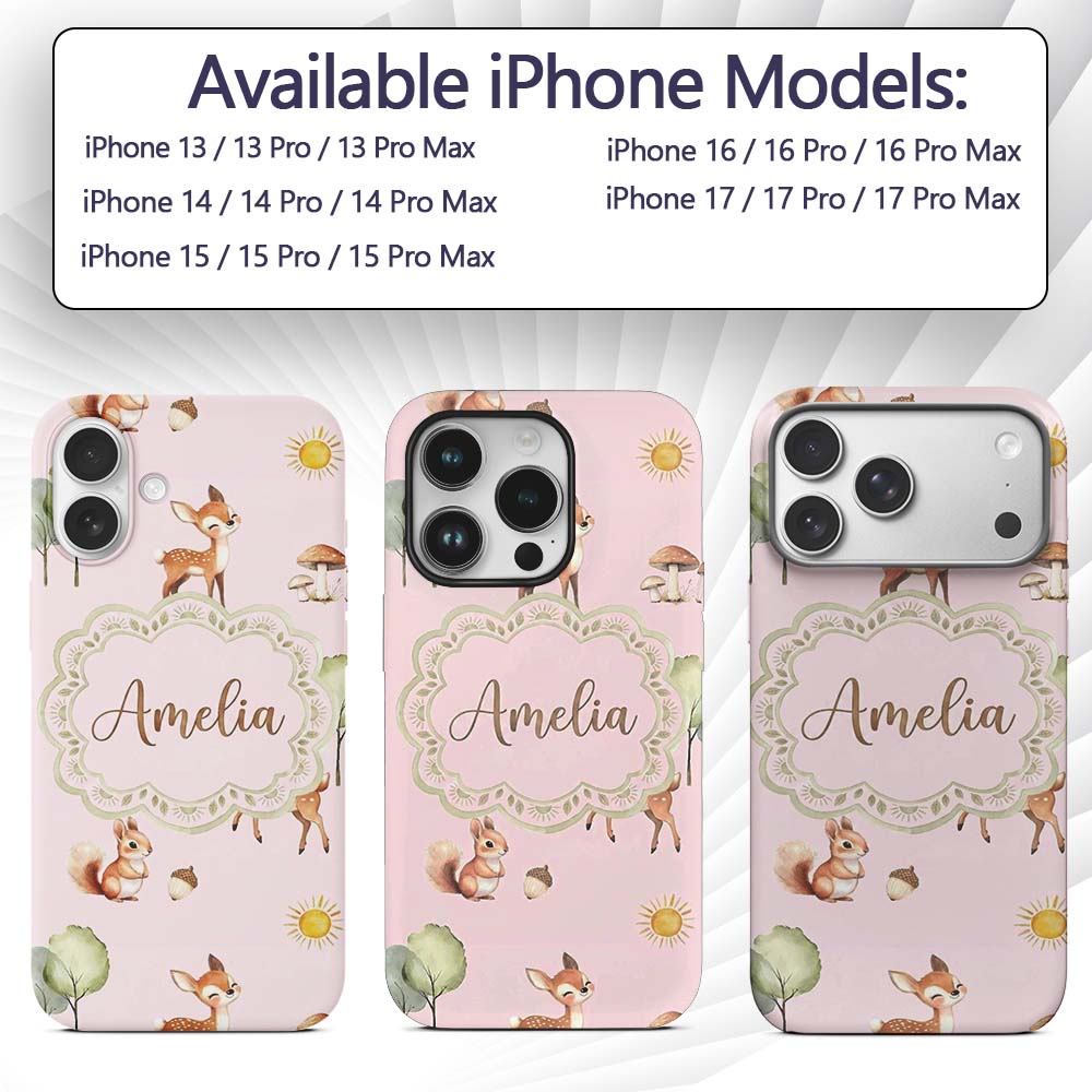 Woodland Animals Deer Fox Squirrel Mushrooms on Custom Name Protective Phone Case Mobile Cover Durable Everyday Smartphone Shock Resistant