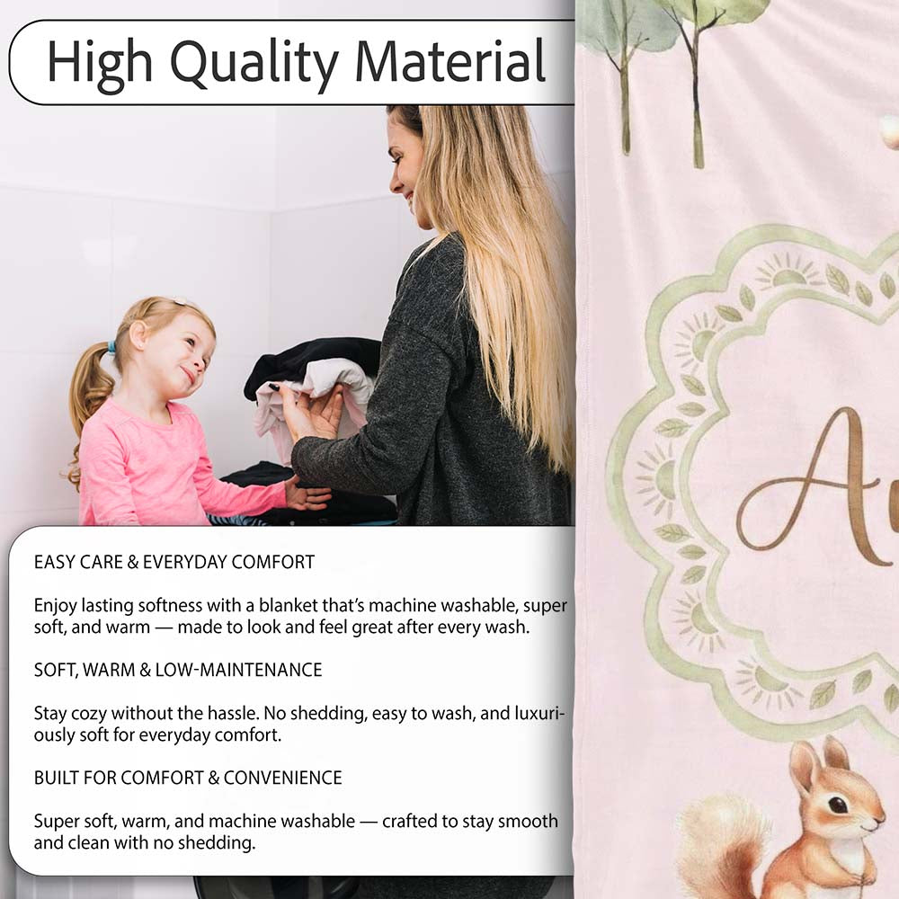 Woodland Animals Deer Fox Squirrel Mushrooms on Blush Pink Seamless  Personalised Custom Name Super Soft Fleece Blanket Bed Sofa Throw