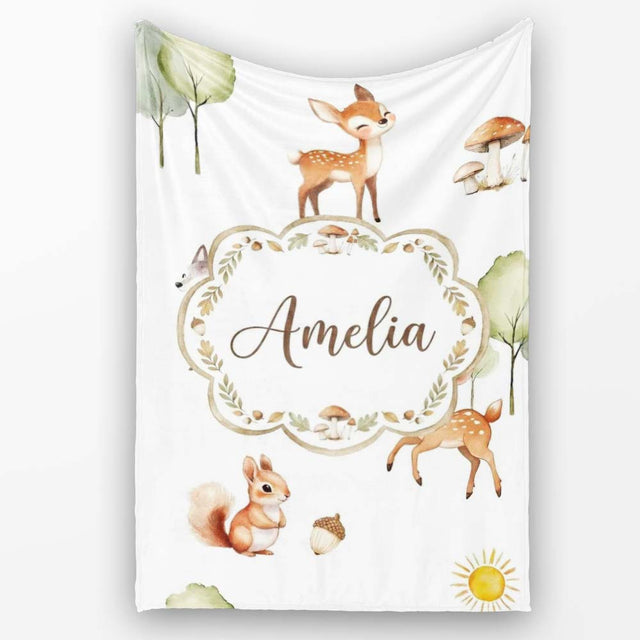 Woodland Animals Deer Fox Squirrel Mushrooms on Soft Grey Seamless  Personalised Custom Name Super Soft Fleece Blanket Bed Sofa Throw