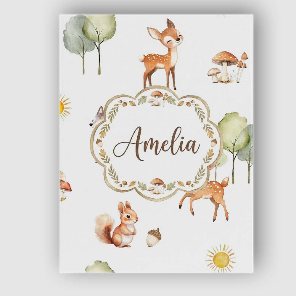 Personalised Name Woodland Animals Deer Fox Custom  Bespoke Interior Contemporary Canvas Wall Art Print Decor Picture Ready to Hang