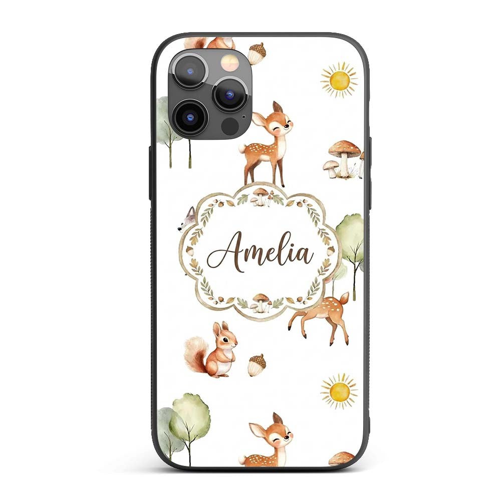 Woodland Animals Deer Fox Squirrel Mushrooms on Custom Name Protective Phone Case Mobile Cover Durable Everyday Smartphone Shock Resistant