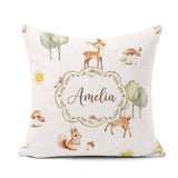 Custom Name Woodland Animals Deer Fox Squirrel Mushrooms on Soft Square Filled Cushion Throw Pillow Sofa Bed Home Decor Zip Washable UK Made