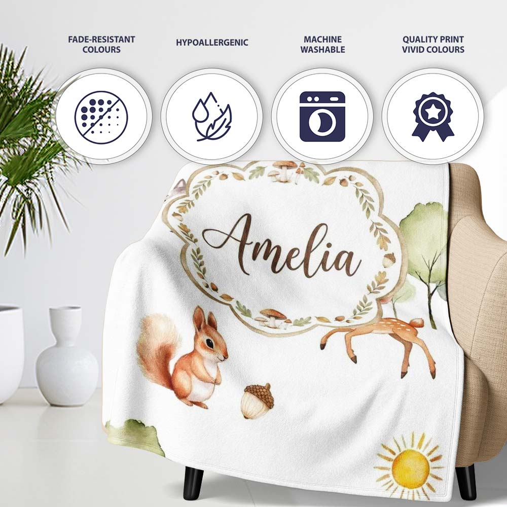 Woodland Animals Deer Fox Squirrel Mushrooms on Soft Grey Seamless  Personalised Custom Name Super Soft Fleece Blanket Bed Sofa Throw