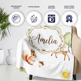 Woodland Animals Deer Fox Squirrel Mushrooms on Soft Grey Seamless  Personalised Custom Name Super Soft Fleece Blanket Bed Sofa Throw