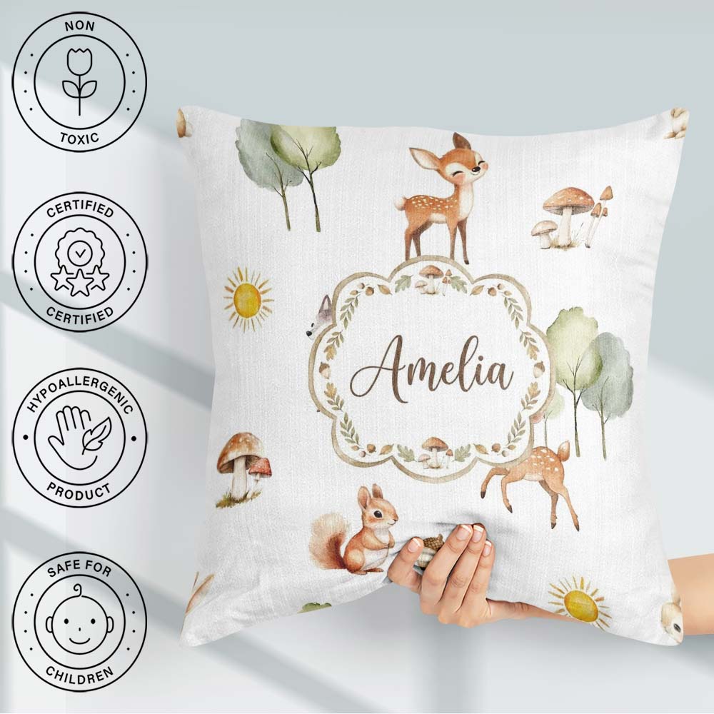 Custom Name Woodland Animals Deer Fox Squirrel Mushrooms on Soft Square Filled Cushion Throw Pillow Sofa Bed Home Decor Zip Washable UK Made
