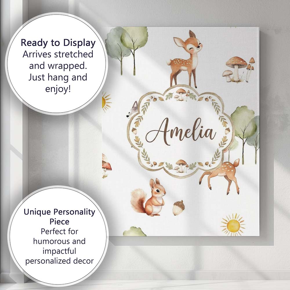 Personalised Name Woodland Animals Deer Fox Custom  Bespoke Interior Contemporary Canvas Wall Art Print Decor Picture Ready to Hang