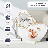 Woodland Animals Deer Fox Squirrel Mushrooms on Soft Grey Seamless  Personalised Custom Name Super Soft Fleece Blanket Bed Sofa Throw