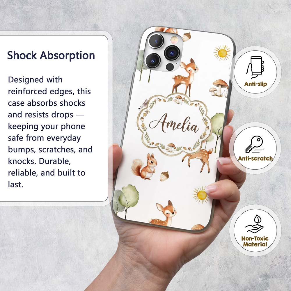 Woodland Animals Deer Fox Squirrel Mushrooms on Custom Name Protective Phone Case Mobile Cover Durable Everyday Smartphone Shock Resistant