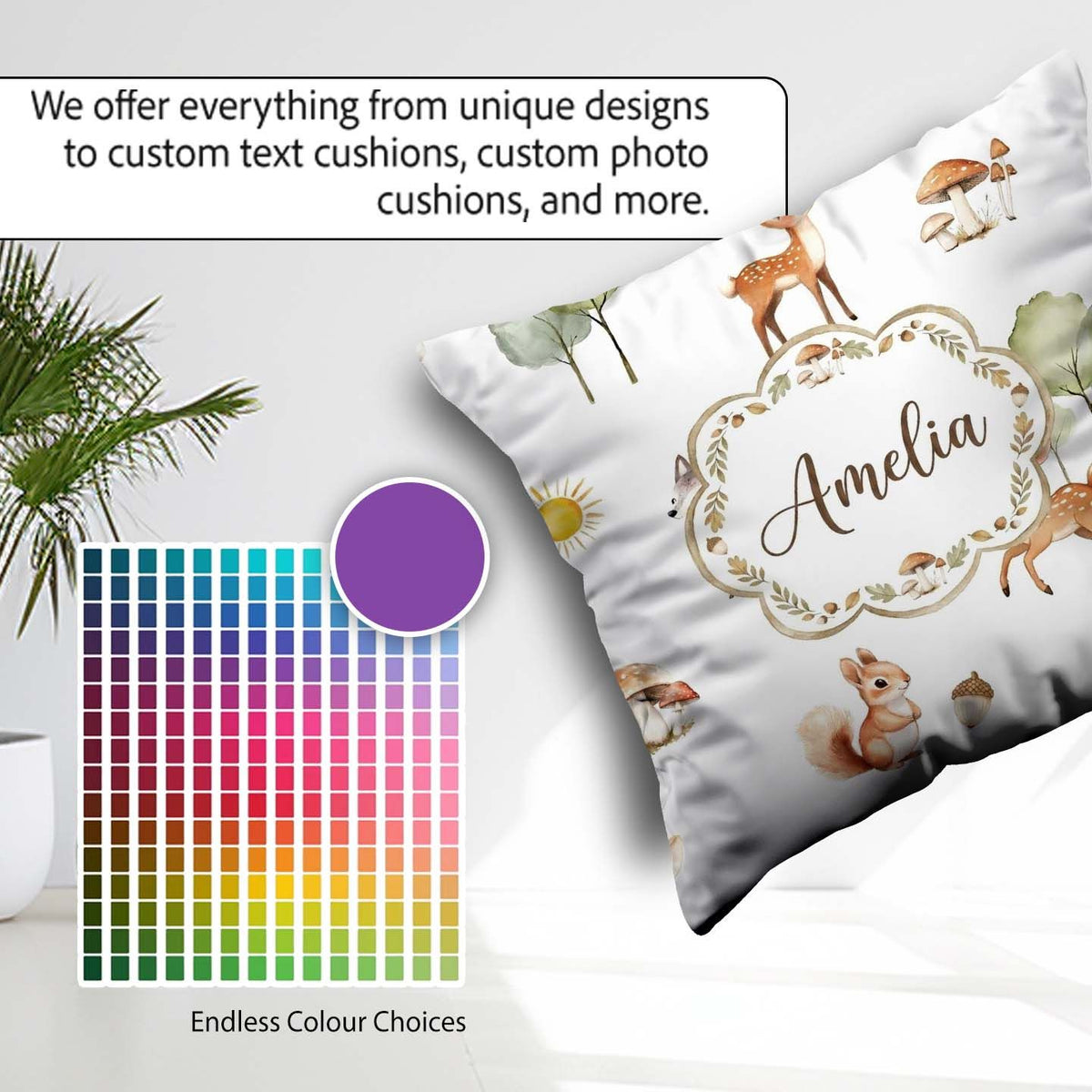 Custom Name Woodland Animals Deer Fox Squirrel Mushrooms on Soft Square Filled Cushion Throw Pillow Sofa Bed Home Decor Zip Washable UK Made