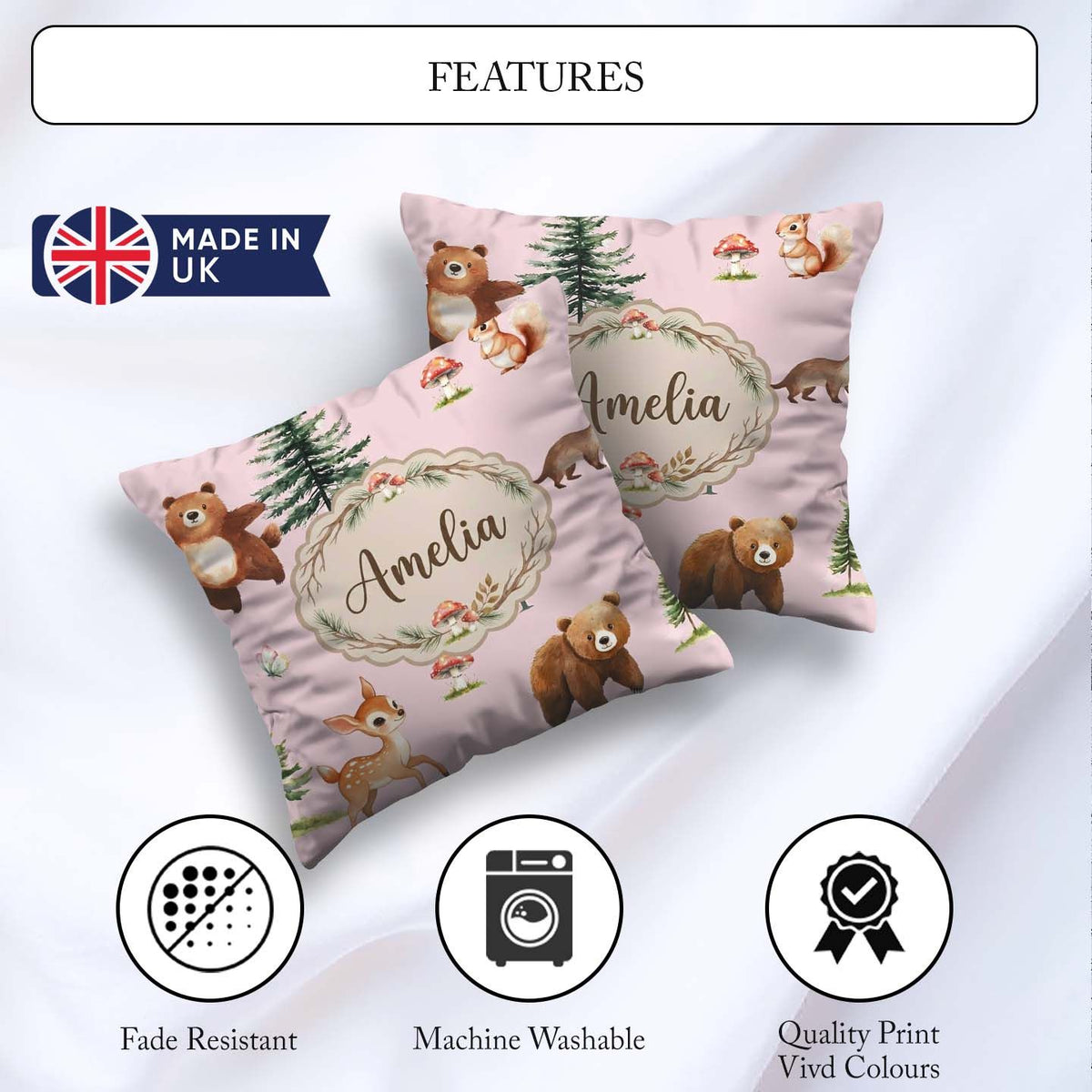 Custom Name Forest Animals Bear Bunny Squirrel Trees on Seamless Square Filled Cushion Throw Pillow Sofa Bed Home Decor Zip Washable UK Made