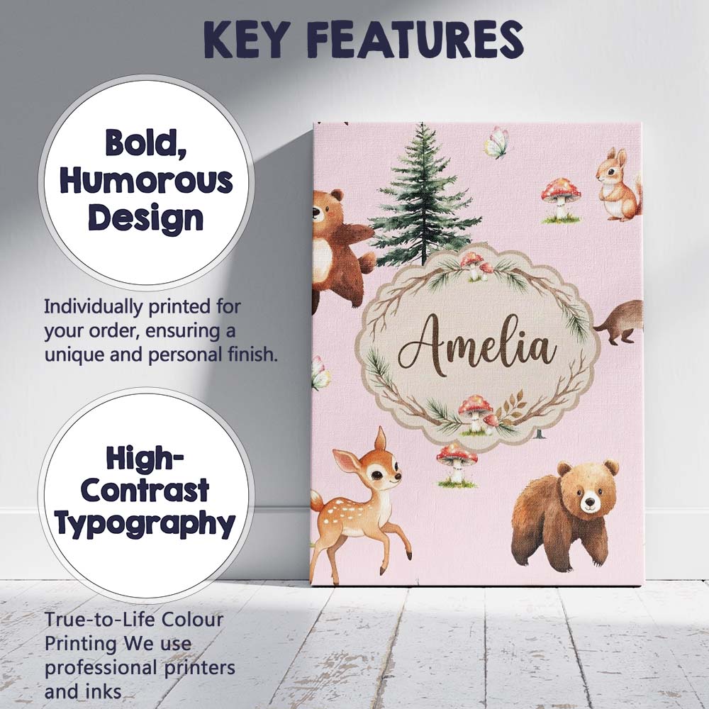 Personalised Name Forest Animals Bear Bunny Custom  Bespoke Interior Contemporary Canvas Wall Art Print Decor Picture Ready to Hang