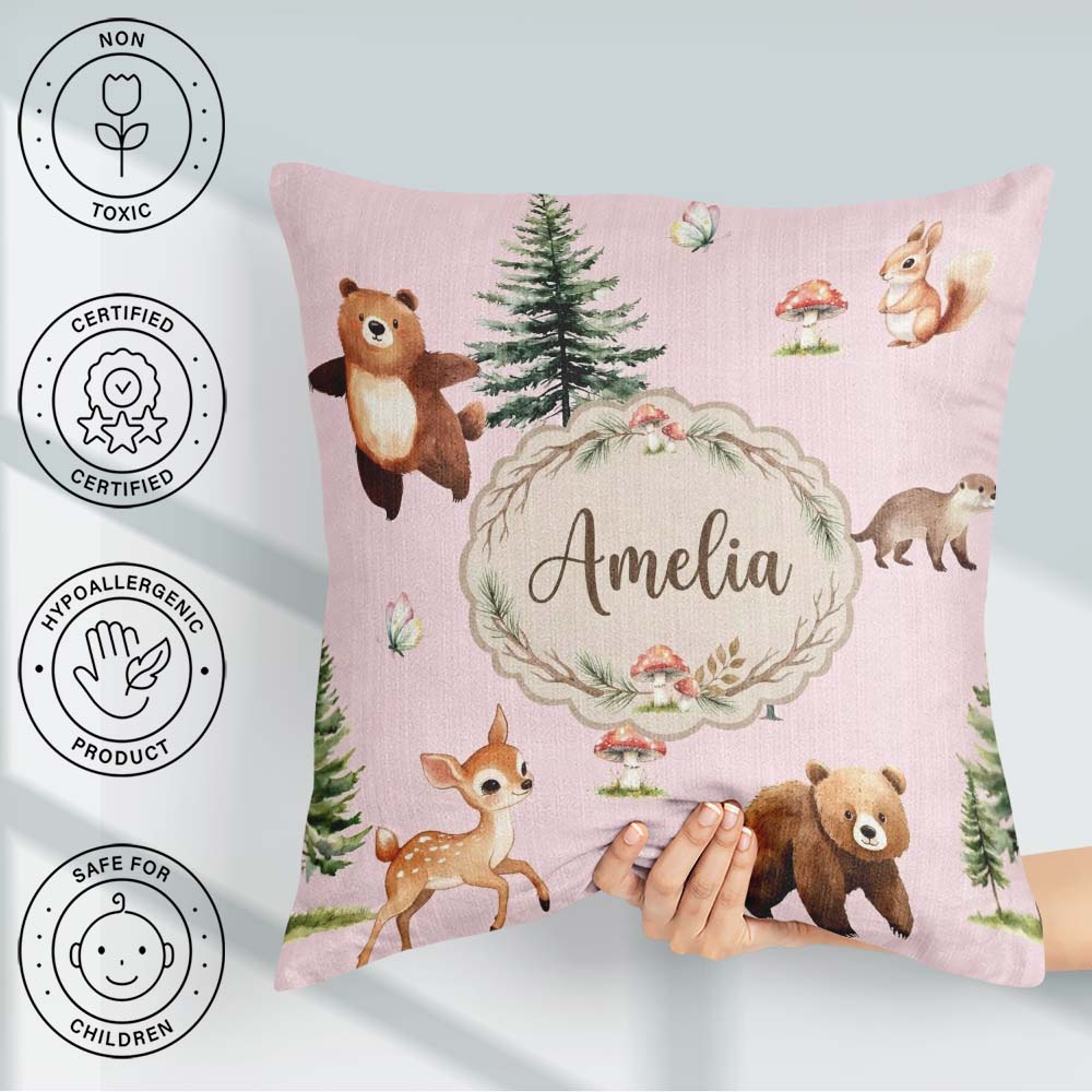Custom Name Forest Animals Bear Bunny Squirrel Trees on Seamless Square Filled Cushion Throw Pillow Sofa Bed Home Decor Zip Washable UK Made