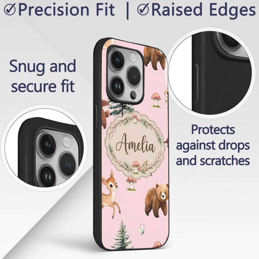 Forest Animals Bear Bunny Squirrel Trees on Warm Custom Name Protective Phone Case Mobile Cover Durable Everyday Smartphone Shock Resistant