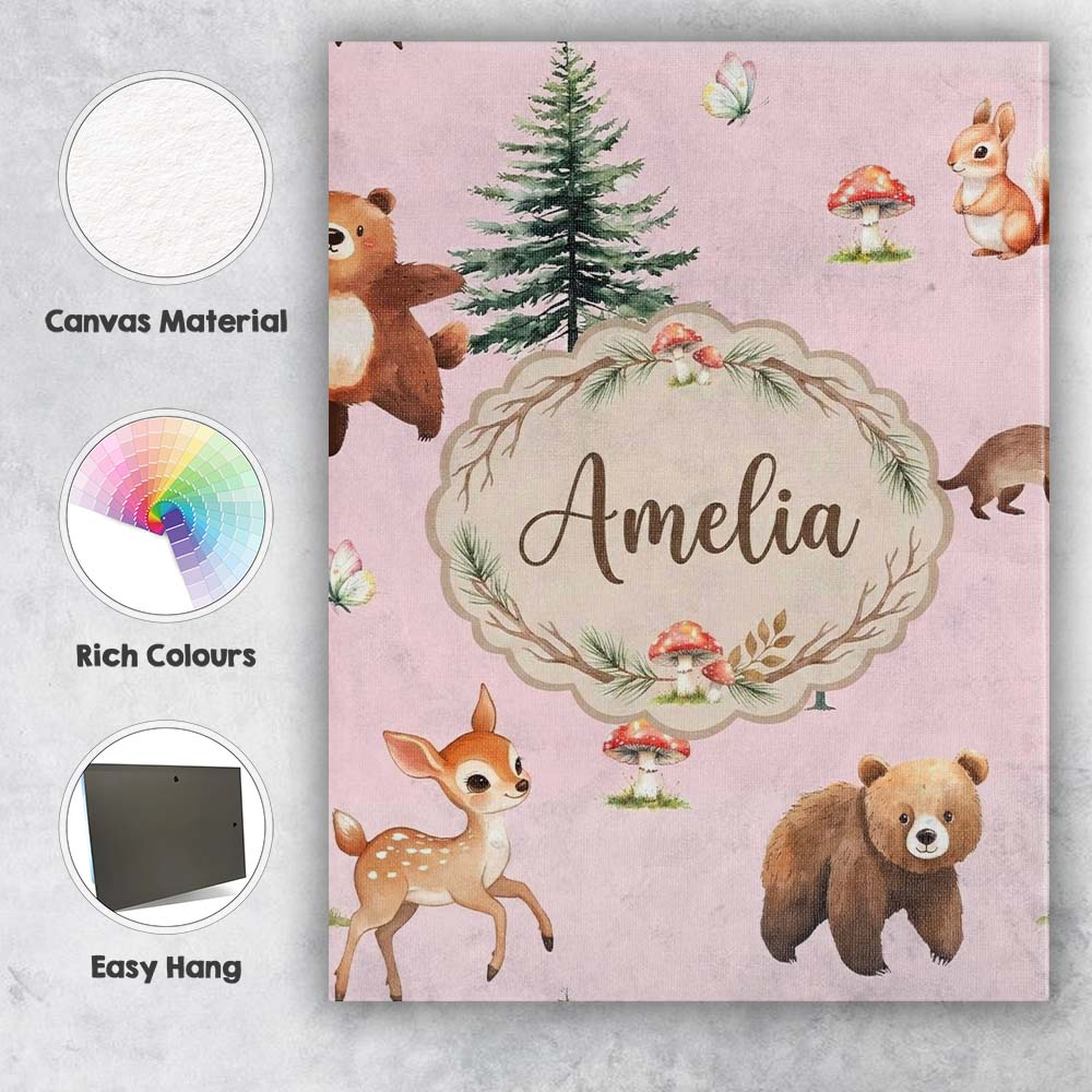 Personalised Name Forest Animals Bear Bunny Custom  Bespoke Interior Contemporary Canvas Wall Art Print Decor Picture Ready to Hang