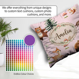 Custom Name Forest Animals Bear Bunny Squirrel Trees on Seamless Square Filled Cushion Throw Pillow Sofa Bed Home Decor Zip Washable UK Made