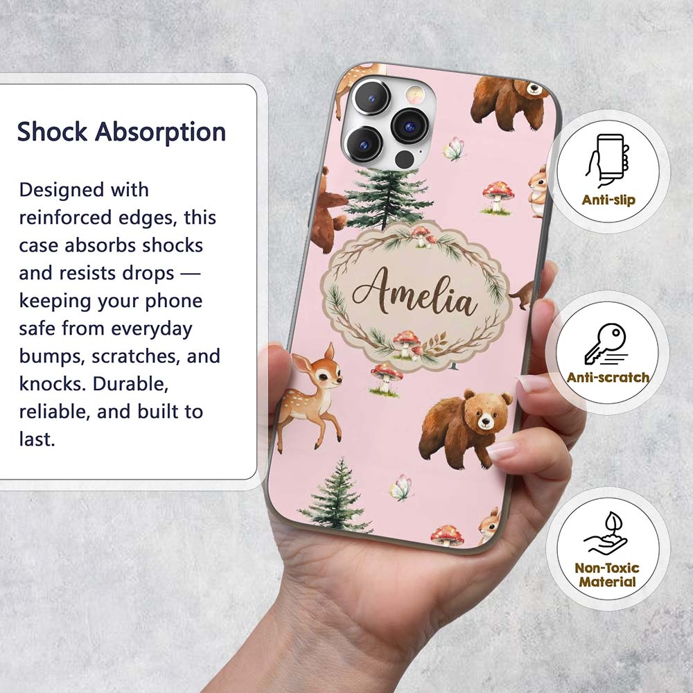 Forest Animals Bear Bunny Squirrel Trees on Warm Custom Name Protective Phone Case Mobile Cover Durable Everyday Smartphone Shock Resistant