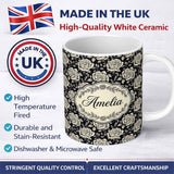 Personalized Custom Name Monochrome Rose Floral Pattern on Dark Background Seamless Pattern 11oz Ceramic Coffee Tea Mug White Large Handle