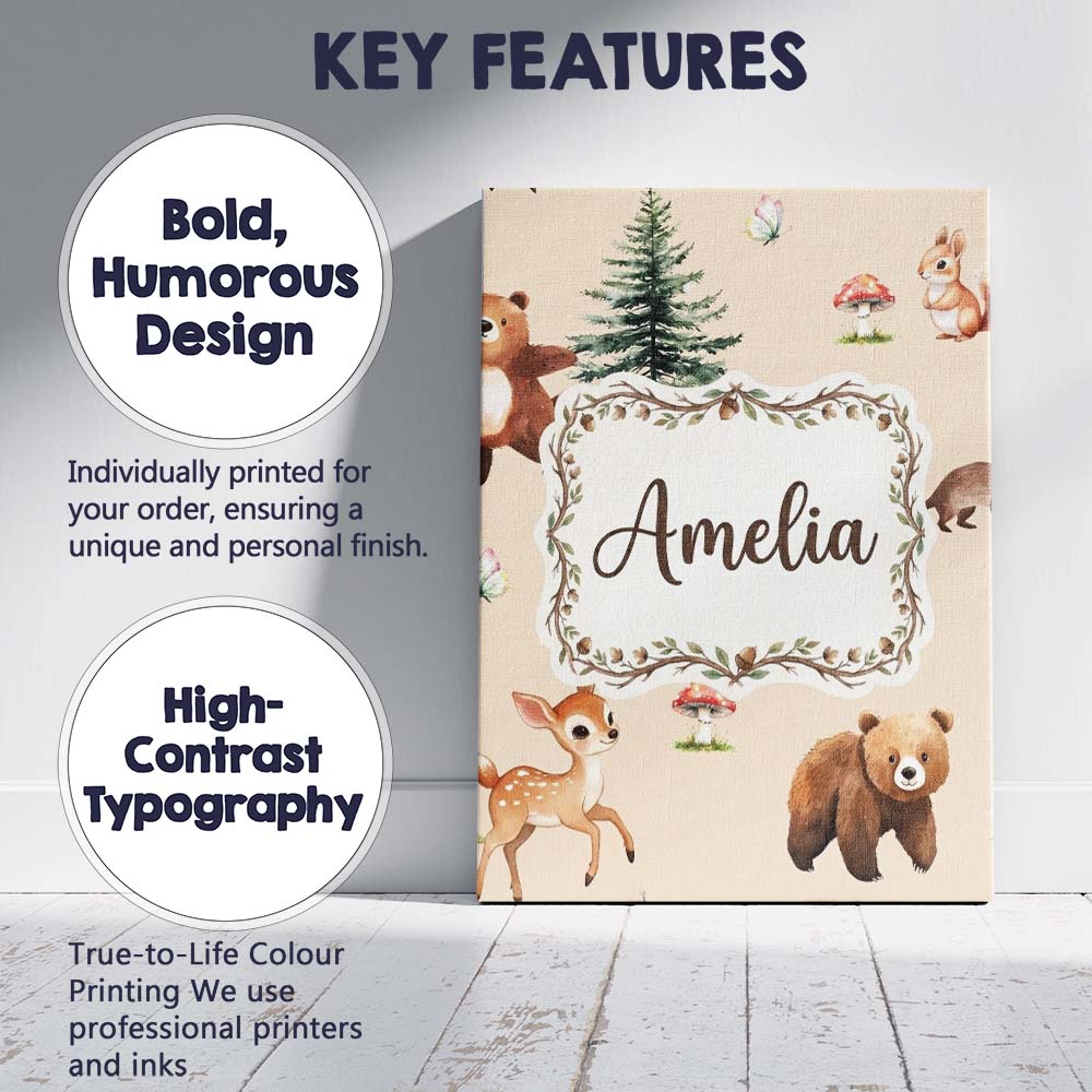 Personalised Name Forest Animals Bear Bunny Custom  Bespoke Interior Contemporary Canvas Wall Art Print Decor Picture Ready to Hang