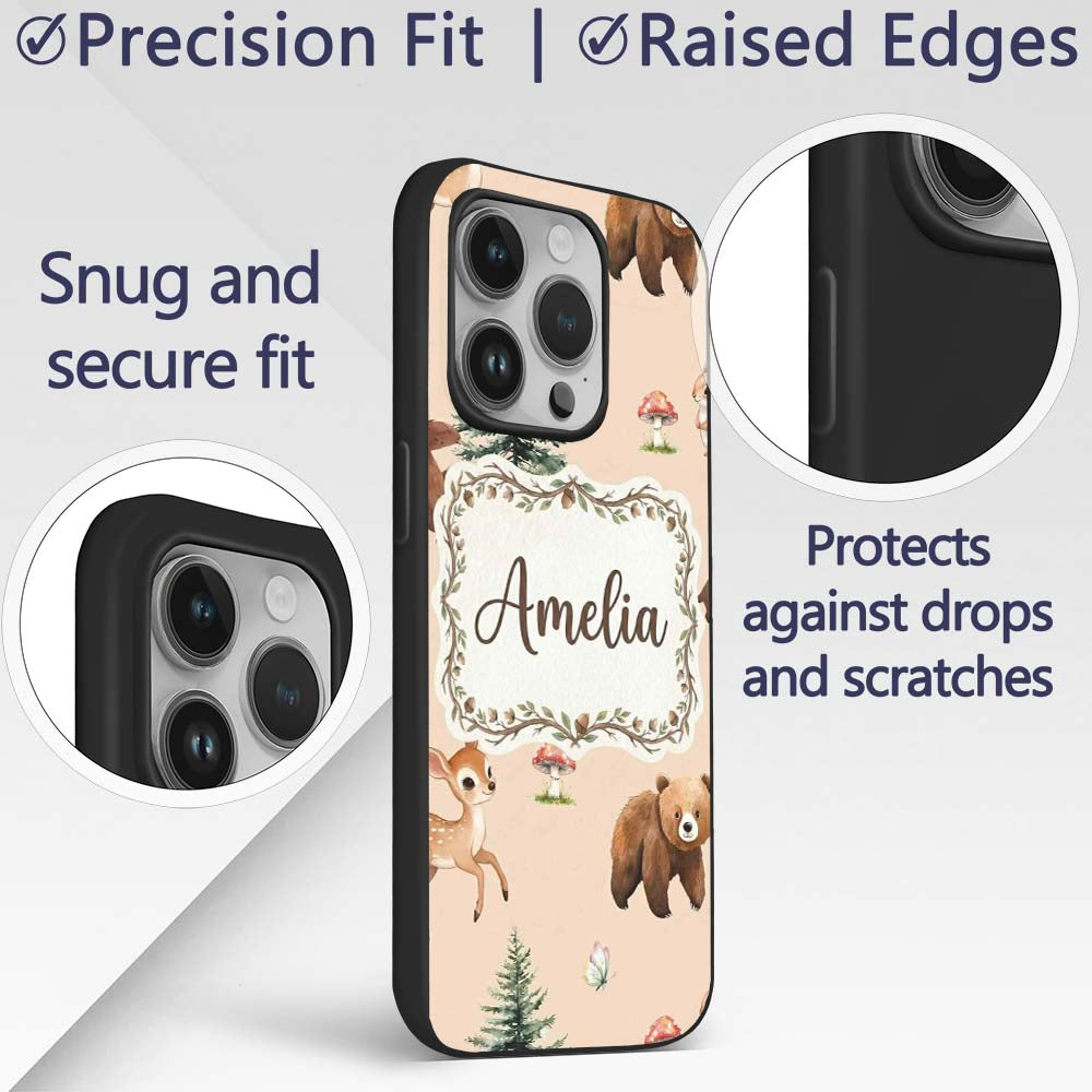 Forest Animals Bear Bunny Squirrel Trees on Warm Custom Name Protective Phone Case Mobile Cover Durable Everyday Smartphone Shock Resistant