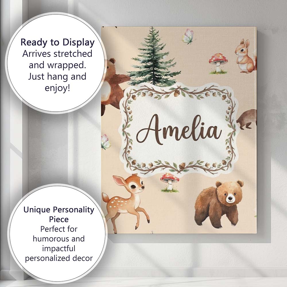 Personalised Name Forest Animals Bear Bunny Custom  Bespoke Interior Contemporary Canvas Wall Art Print Decor Picture Ready to Hang